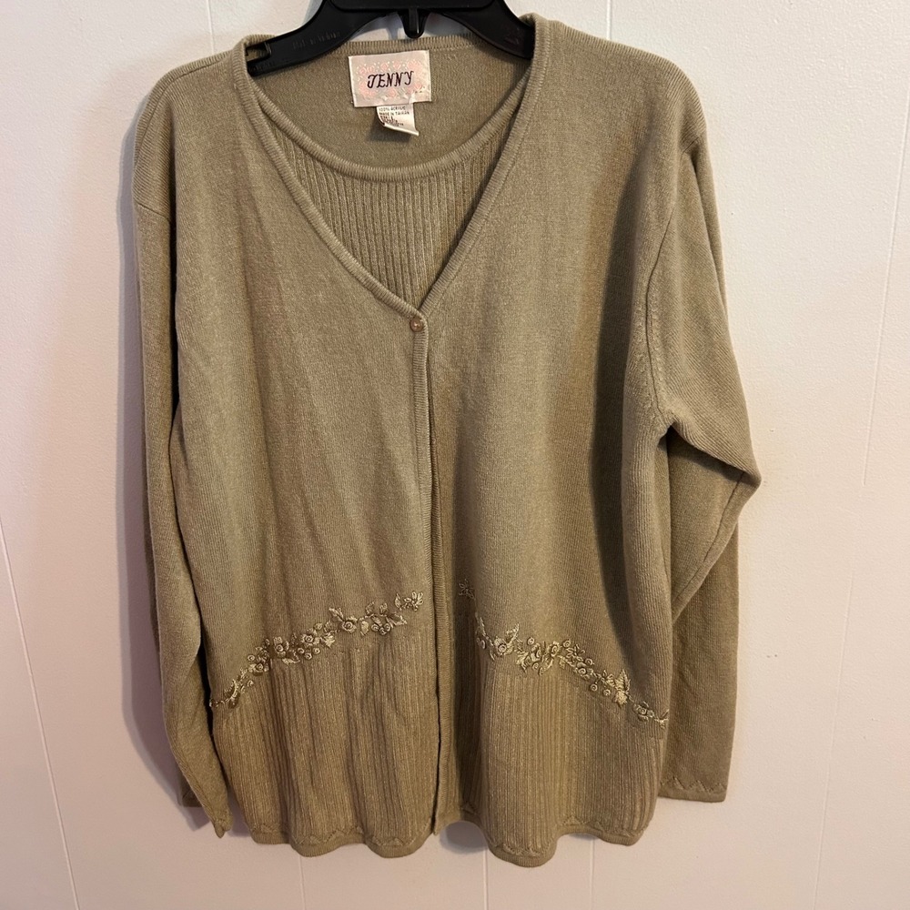 Jenny Vintage Sage Green Embroidered Sweater one pieceCardigan Shell Large